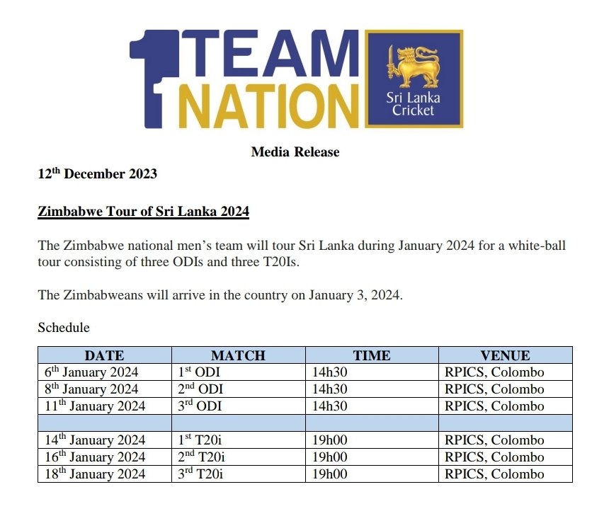 Zimbabwe tour of Sri Lanka Schedule announced Dandaro Online