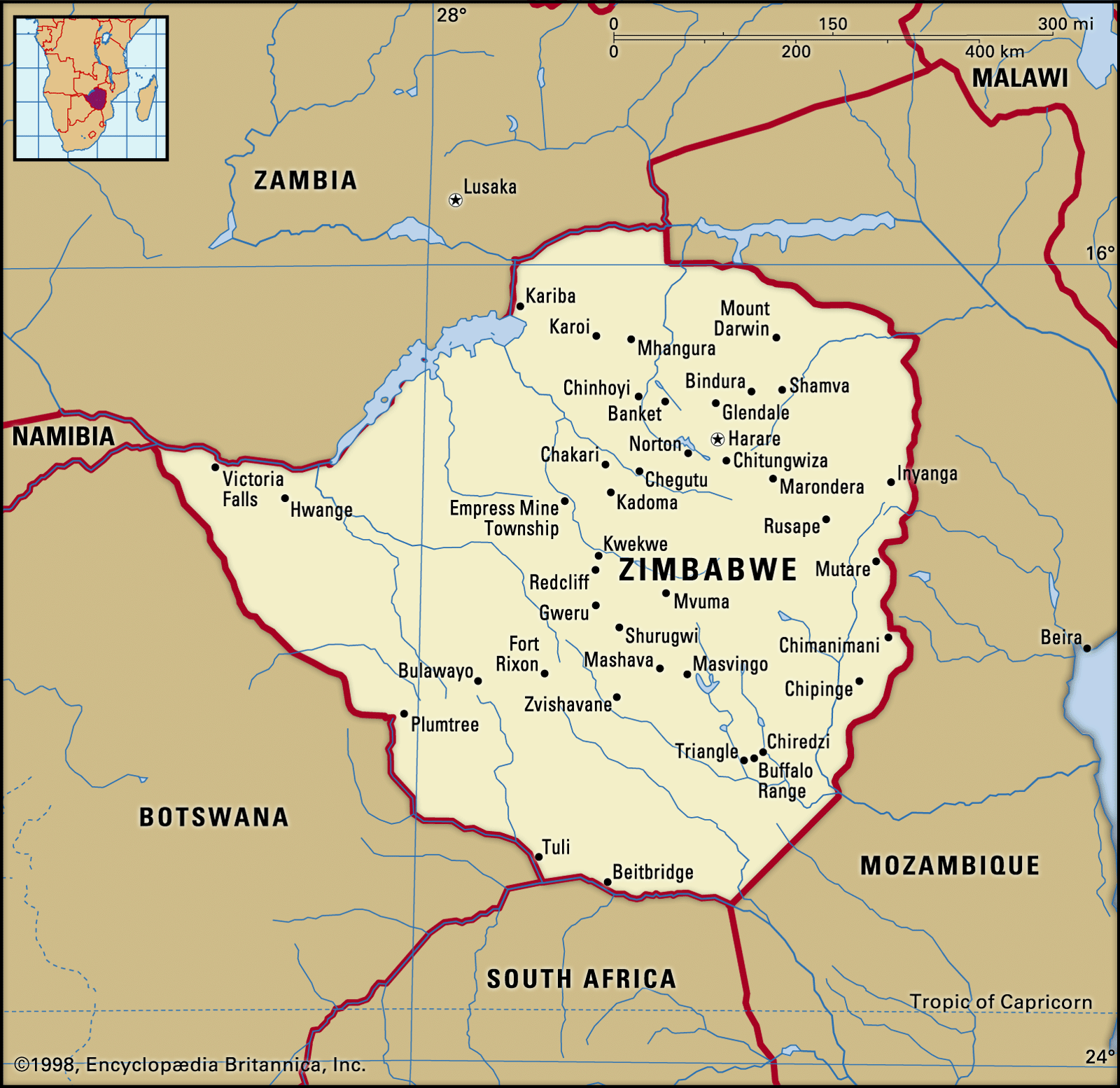 Zimbabwe map boundaries cities locator